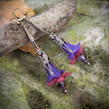 Boucles d’oreilles clochettes exotiques  aux couleurs bronze violet framboise