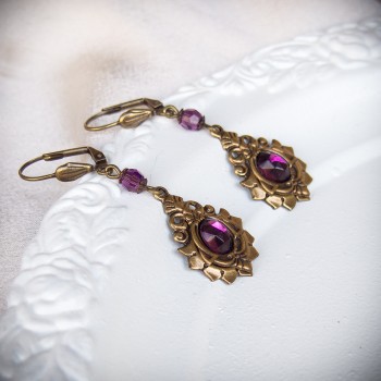 Boucles d’oreille vintage bronze et cristal – Volute violet
