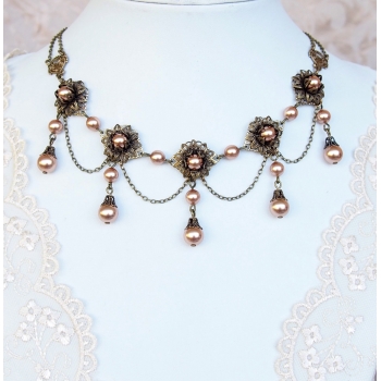 Collier feston Renaissance couleur bronze et perles roses